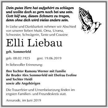 Traueranzeige von Elli Liebau von Wochenspiegel Mansfelder Land