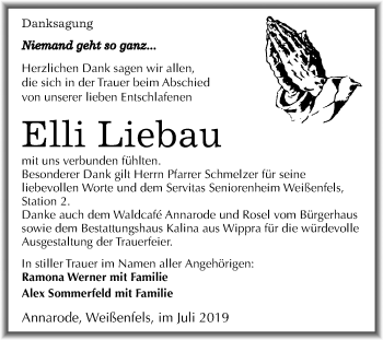 Traueranzeige von Elli Liebau von Mitteldeutsche Zeitung Mansfelder Land