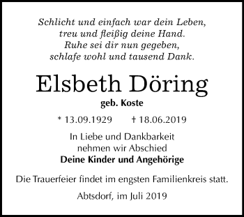 Traueranzeige von Elsbeth Döring von Mitteldeutsche Zeitung Wittenberg