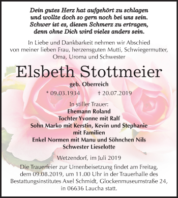 Traueranzeige von Elsbeth Stottmeier von Wochenspiegel Naumburg/Nebra
