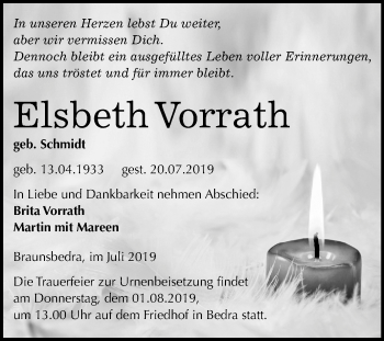 Traueranzeige von Elsbeth Vorrath von Mitteldeutsche Zeitung Merseburg/Querfurt