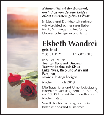 Traueranzeige von Elsbeth Wandrei von Super Sonntag Köthen