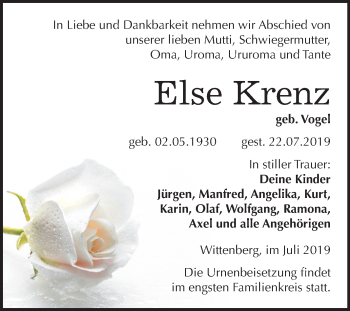 Traueranzeige von Else Krenz von Super Sonntag Wittenberg