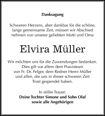 Traueranzeige von Elvira Müller von Mitteldeutsche Zeitung Bitterfeld