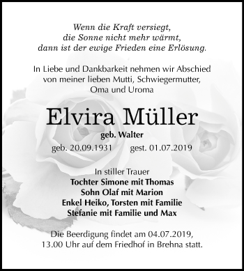 Traueranzeige von Elvira Müller von Mitteldeutsche Zeitung Bitterfeld