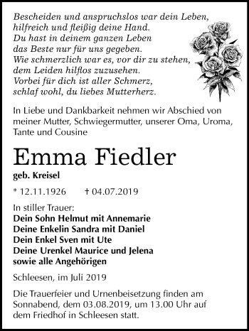 Traueranzeige von Emma Fiedler von Mitteldeutsche Zeitung Wittenberg