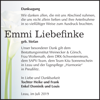 Traueranzeige von Emmi Liebefinke von Super Sonntag Bernburg