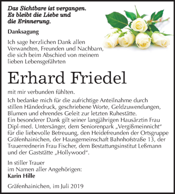 Traueranzeige von Erhard Friedel von Super Sonntag Wittenberg
