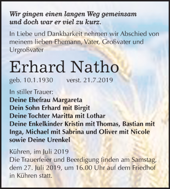 Traueranzeige von Erhard Natho von Mitteldeutsche Zeitung Köthen