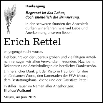 Traueranzeige von Erich Rettel von Super Sonntag Wittenberg