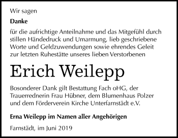 Traueranzeige von Erich Weilepp von Wochenspiegel Merseburg/Querfurt