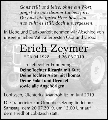Traueranzeige von Erich Zeymer von Wochenspiegel Weißenfels