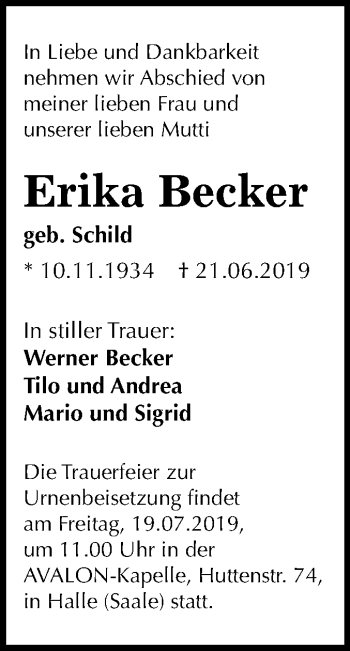 Traueranzeige von Erika Becker von Mitteldeutsche Zeitung Halle/Saalkreis