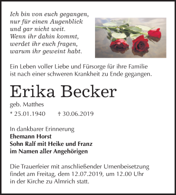 Traueranzeige von Erika Becker von Mitteldeutsche Zeitung Naumburg/Nebra