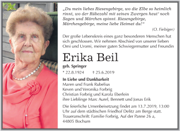 Traueranzeige von Erika Beil von Super Sonntag Merseburg/Querfurt