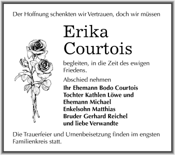 Traueranzeige von Erika Courtois von Super Sonntag Dessau-Roßlau