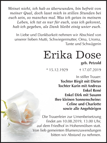 Traueranzeige von Erika Dose von Mitteldeutsche Zeitung Weißenfels