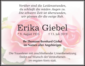 Traueranzeige von Erika Giebel von Wochenspiegel Bitterfeld