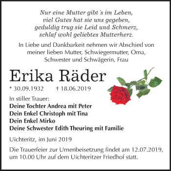 Traueranzeige von Erika Räder von Wochenspiegel Weißenfels