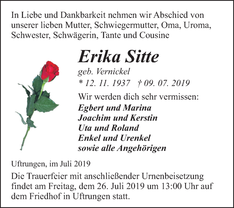  Traueranzeige für Erika Sitte vom 13.07.2019 aus Mitteldeutsche Zeitung Sangerhausen