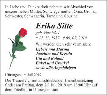 Traueranzeige von Erika Sitte von Mitteldeutsche Zeitung Sangerhausen