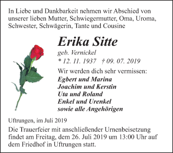 Traueranzeige von Erika Sitte von Super Sonntag Sangerhausen