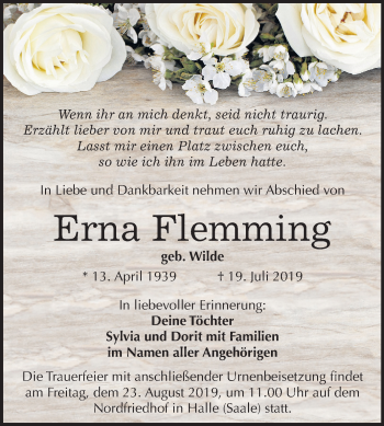 Traueranzeige von Erna Flemming von Mitteldeutsche Zeitung Halle/Saalkreis