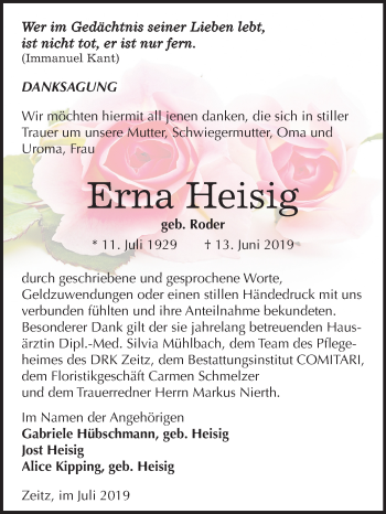 Traueranzeige von Erna Heisig von Mitteldeutsche Zeitung Zeitz