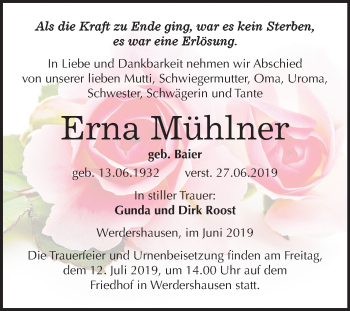 Traueranzeige von Erna Mühlner von Mitteldeutsche Zeitung Bernburg