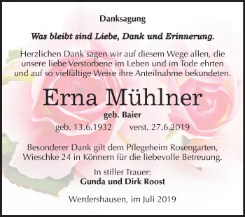 Traueranzeige von Erna Mühlner von Super Sonntag Bernburg