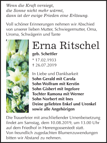 Traueranzeige von Erna Ritschel von Mitteldeutsche Zeitung Naumburg/Nebra