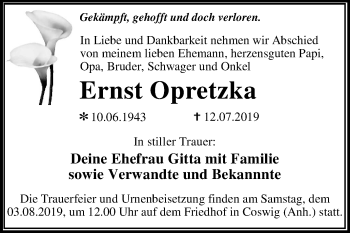Traueranzeige von Ernst Opretzka von Mitteldeutsche Zeitung Wittenberg