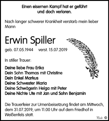 Traueranzeige von Erwin Spiller von Wochenspiegel Weißenfels