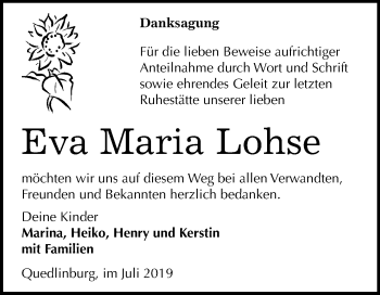 Traueranzeige von Eva Maria Lohse von Mitteldeutsche Zeitung Quedlinburg