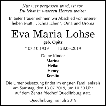 Traueranzeige von Eva Maria Lohse von Mitteldeutsche Zeitung Quedlinburg