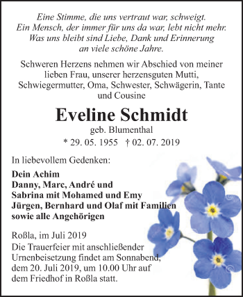 Traueranzeige von Eveline Schmidt von Wochenspiegel Sangerhausen