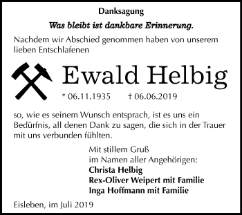 Traueranzeige von Ewald Helbig von Wochenspiegel Mansfelder Land