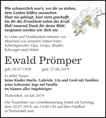 Traueranzeige von Ewald Prömper von Mitteldeutsche Zeitung