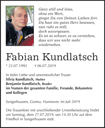Traueranzeige von Fabian Kundlatsch von Mitteldeutsche Zeitung Sangerhausen
