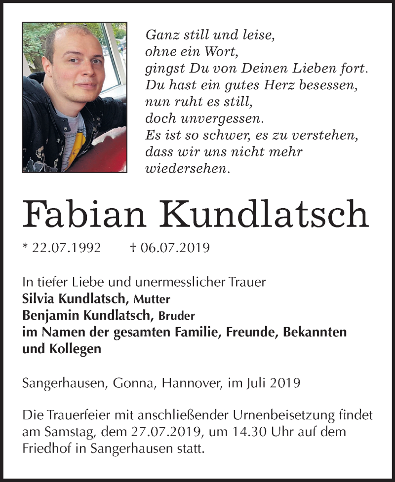  Traueranzeige für Fabian Kundlatsch vom 20.07.2019 aus Super Sonntag Sangerhausen