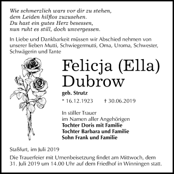 Traueranzeige von Felicja Dubrow von Mitteldeutsche Zeitung Aschersleben