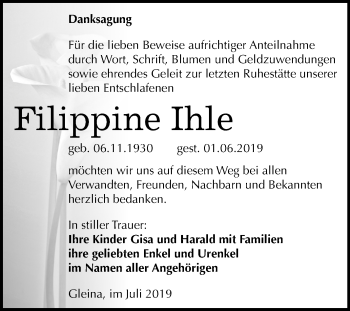Traueranzeige von Filippine Ihle von Mitteldeutsche Zeitung Naumburg/Nebra