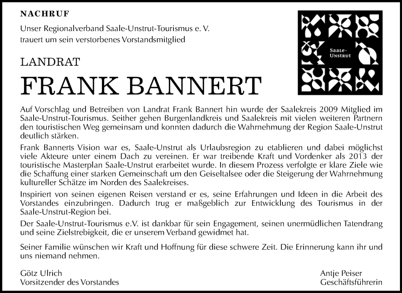  Traueranzeige für Frank Bannert vom 17.07.2019 aus Wochenspiegel Merseburg/Querfurt / Naumburg/Nebra / Weißenfels / Zeitz