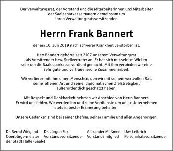Traueranzeige von Frank Bannert von Mitteldeutsche Zeitung Halle/Saalkreis / Merseburg/Querfurt