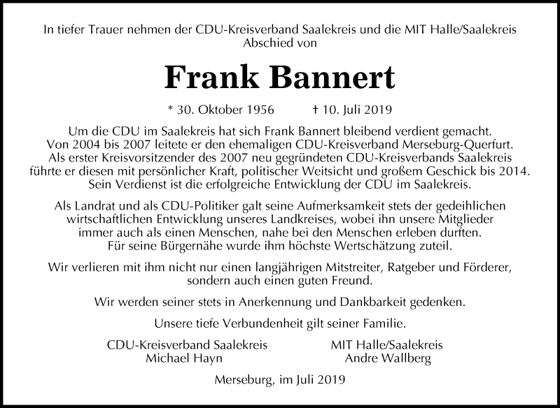  Traueranzeige für Frank Bannert vom 13.07.2019 aus Mitteldeutsche Zeitung Merseburg/Querfurt