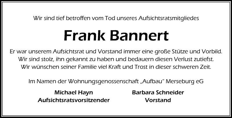  Traueranzeige für Frank Bannert vom 17.07.2019 aus Wochenspiegel Merseburg/Querfurt