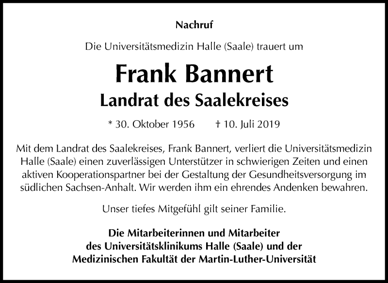  Traueranzeige für Frank Bannert vom 17.07.2019 aus Mitteldeutsche Zeitung Halle/Saalkreis / Merseburg/Querfurt