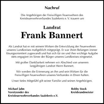 Traueranzeige von Frank Bannert von Mitteldeutsche Zeitung Halle/Saalkreis / Merseburg/Querfurt