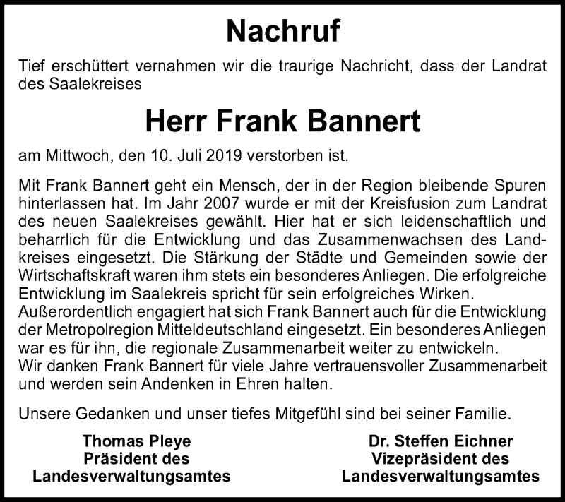  Traueranzeige für Frank Bannert vom 16.07.2019 aus Mitteldeutsche Zeitung Halle/Saalkreis / Merseburg/Querfurt