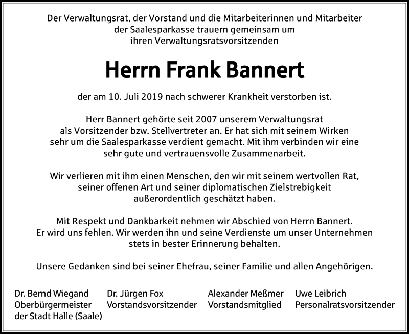  Traueranzeige für Frank Bannert vom 13.07.2019 aus Super Sonntag Merseburg/Querfurt